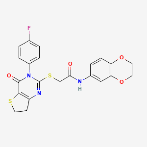 molecular formula C22H18FN3O4S2 B2427534 N-(2,3-dihydrobenzo[b][1,4]dioxin-6-yl)-2-((3-(4-fluorophenyl)-4-oxo-3,4,6,7-tetrahydrothieno[3,2-d]pyrimidin-2-yl)thio)acetamide CAS No. 687561-42-8