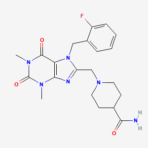 molecular formula C21H25FN6O3 B2427572 1-[[7-[(2-氟苯基)甲基]-1,3-二甲基-2,6-二氧嘌呤-8-基]甲基]哌啶-4-甲酰胺 CAS No. 893970-33-7