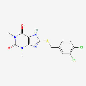molecular formula C14H12Cl2N4O2S B2427574 8-[(3,4-dichlorophenyl)methylsulfanyl]-1,3-dimethyl-7H-purine-2,6-dione CAS No. 443734-22-3