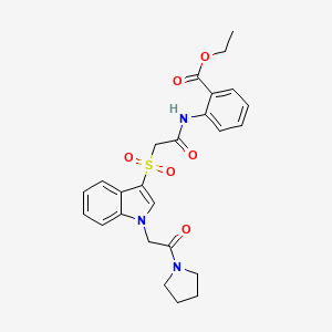 B2427625 ethyl 2-(2-((1-(2-oxo-2-(pyrrolidin-1-yl)ethyl)-1H-indol-3-yl)sulfonyl)acetamido)benzoate CAS No. 878056-86-1