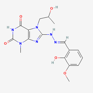molecular formula C17H20N6O5 B2427634 (E)-8-(2-(2-hydroxy-3-methoxybenzylidene)hydrazinyl)-7-(2-hydroxypropyl)-3-methyl-1H-purine-2,6(3H,7H)-dione CAS No. 887199-80-6