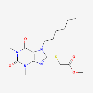 molecular formula C16H24N4O4S B2427651 2-甲基-2-(7-己基-1,3-二甲基-2,6-二氧嘌呤-8-基)硫代乙酸酯 CAS No. 371134-02-0