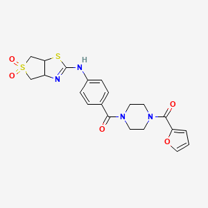 molecular formula C21H22N4O5S2 B2427689 (4-(4-((5,5-Dioxido-3a,4,6,6a-tetrahydrothieno[3,4-d]thiazol-2-yl)amino)benzoyl)piperazin-1-yl)(furan-2-yl)methanone CAS No. 866809-11-2