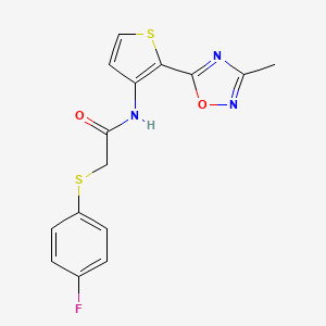 molecular formula C15H12FN3O2S2 B2427806 2-((4-fluorophenyl)thio)-N-(2-(3-methyl-1,2,4-oxadiazol-5-yl)thiophen-3-yl)acetamide CAS No. 1797757-13-1