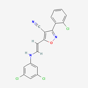 molecular formula C18H10Cl3N3O B2427927 3-(2-氯苯基)-5-[(E)-2-(3,5-二氯苯胺基)乙烯基]-1,2-噁唑-4-腈 CAS No. 320425-17-0
