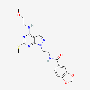 molecular formula C19H22N6O4S B2427938 N-(2-(4-((2-methoxyethyl)amino)-6-(methylthio)-1H-pyrazolo[3,4-d]pyrimidin-1-yl)ethyl)benzo[d][1,3]dioxole-5-carboxamide CAS No. 946313-48-0