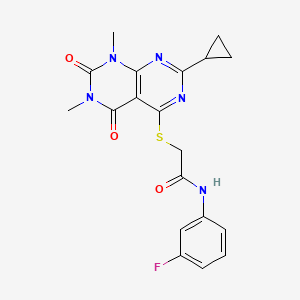 molecular formula C19H18FN5O3S B2427939 2-((2-cyclopropyl-6,8-dimethyl-5,7-dioxo-5,6,7,8-tetrahydropyrimido[4,5-d]pyrimidin-4-yl)thio)-N-(3-fluorophenyl)acetamide CAS No. 906225-45-4
