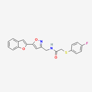 molecular formula C20H15FN2O3S B2427952 N-((5-(benzofuran-2-yl)isoxazol-3-yl)methyl)-2-((4-fluorophenyl)thio)acetamide CAS No. 1208753-57-4
