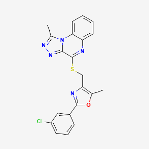 molecular formula C21H16ClN5OS B2427987 2-(3-Chlorophenyl)-5-methyl-4-(((1-methyl-[1,2,4]triazolo[4,3-a]quinoxalin-4-yl)thio)methyl)oxazole CAS No. 1031989-35-1
