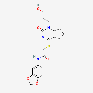 molecular formula C19H21N3O5S B2428000 N-(benzo[d][1,3]dioxol-5-yl)-2-((1-(3-hydroxypropyl)-2-oxo-2,5,6,7-tetrahydro-1H-cyclopenta[d]pyrimidin-4-yl)thio)acetamide CAS No. 941920-37-2