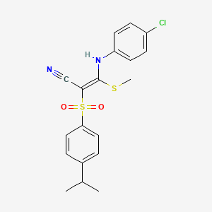 molecular formula C19H19ClN2O2S2 B2428030 3-((4-Chlorophenyl)amino)-2-((4-(isopropyl)phenyl)sulfonyl)-3-methylthioprop-2-enenitrile CAS No. 1025318-25-5