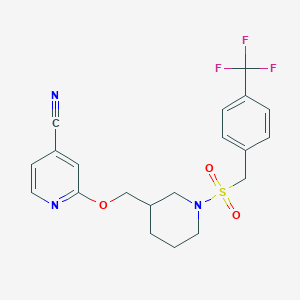 molecular formula C20H20F3N3O3S B2428069 2-[[1-[[4-(Trifluoromethyl)phenyl]methylsulfonyl]piperidin-3-yl]methoxy]pyridine-4-carbonitrile CAS No. 2379976-98-2