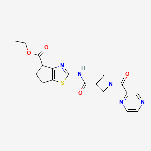molecular formula C18H19N5O4S B2428151 2-(1-(吡嗪-2-羰基)氮杂环丁烷-3-甲酰胺基)-5,6-二氢-4H-环戊[d]噻唑-4-甲酸乙酯 CAS No. 1396793-05-7