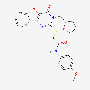 molecular formula C24H23N3O5S B2428342 N-(4-甲氧基苯基)-2-{[4-氧代-3-(四氢呋喃-2-基甲基)-3,4-二氢[1]苯并呋喃[3,2-d]嘧啶-2-基]硫代}乙酰胺 CAS No. 899941-92-5