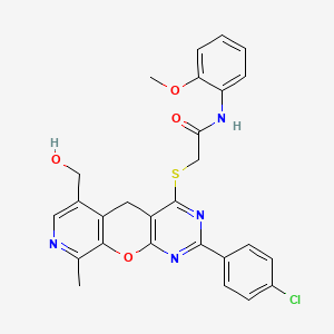 molecular formula C27H23ClN4O4S B2428397 2-{[5-(4-chlorophenyl)-11-(hydroxymethyl)-14-methyl-2-oxa-4,6,13-triazatricyclo[8.4.0.0^{3,8}]tetradeca-1(10),3(8),4,6,11,13-hexaen-7-yl]sulfanyl}-N-(2-methoxyphenyl)acetamide CAS No. 892383-98-1