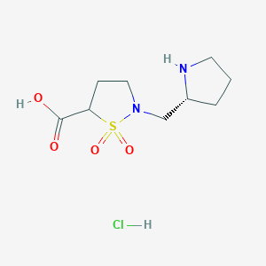 molecular formula C9H17ClN2O4S B2428582 1,1-二氧代-2-[[(2R)-吡咯烷-2-基]甲基]-1,2-噻唑烷-5-羧酸；盐酸盐 CAS No. 2408946-94-9