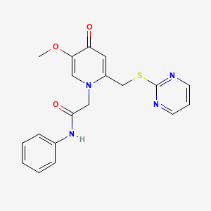molecular formula C19H18N4O3S B2428590 2-(5-methoxy-4-oxo-2-((pyrimidin-2-ylthio)methyl)pyridin-1(4H)-yl)-N-phenylacetamide CAS No. 941994-99-6