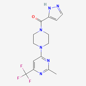 molecular formula C14H15F3N6O B2428639 (4-(2-methyl-6-(trifluoromethyl)pyrimidin-4-yl)piperazin-1-yl)(1H-pyrazol-3-yl)methanone CAS No. 2034442-53-8