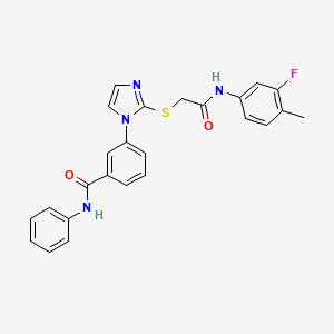 molecular formula C25H21FN4O2S B2428889 3-(2-((2-((3-fluoro-4-methylphenyl)amino)-2-oxoethyl)thio)-1H-imidazol-1-yl)-N-phenylbenzamide CAS No. 1115371-81-7