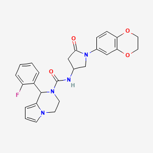 molecular formula C26H25FN4O4 B2429125 N-(1-(2,3-dihydrobenzo[b][1,4]dioxin-6-yl)-5-oxopyrrolidin-3-yl)-1-(2-fluorophenyl)-3,4-dihydropyrrolo[1,2-a]pyrazine-2(1H)-carboxamide CAS No. 886961-69-9