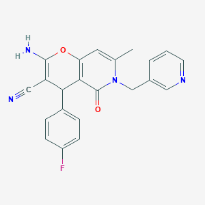 molecular formula C22H17FN4O2 B2429129 2-amino-4-(4-fluorophenyl)-7-methyl-5-oxo-6-(pyridin-3-ylmethyl)-5,6-dihydro-4H-pyrano[3,2-c]pyridine-3-carbonitrile CAS No. 767300-20-9