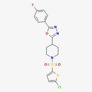molecular formula C17H15ClFN3O3S2 B2429154 2-(1-((5-Chlorothiophen-2-yl)sulfonyl)piperidin-4-yl)-5-(4-fluorophenyl)-1,3,4-oxadiazole CAS No. 1171566-17-8