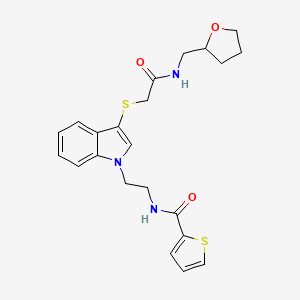 molecular formula C22H25N3O3S2 B2429168 N-[2-[3-[2-oxo-2-(oxolan-2-ylmethylamino)ethyl]sulfanylindol-1-yl]ethyl]thiophene-2-carboxamide CAS No. 862826-04-8