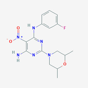 molecular formula C16H19FN6O3 B2429184 2-(2,6-二甲基吗啉-4-基)-N-(3-氟苯基)-5-硝基嘧啶-4,6-二胺 CAS No. 585551-83-3