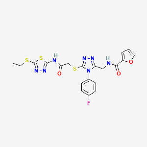 molecular formula C20H18FN7O3S3 B2429244 N-((5-((2-((5-(ethylthio)-1,3,4-thiadiazol-2-yl)amino)-2-oxoethyl)thio)-4-(4-fluorophenyl)-4H-1,2,4-triazol-3-yl)methyl)furan-2-carboxamide CAS No. 389072-02-0
