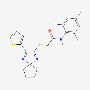 molecular formula C22H25N3OS2 B2429257 N-mesityl-2-((3-(thiophen-2-yl)-1,4-diazaspiro[4.4]nona-1,3-dien-2-yl)thio)acetamide CAS No. 1223935-02-1