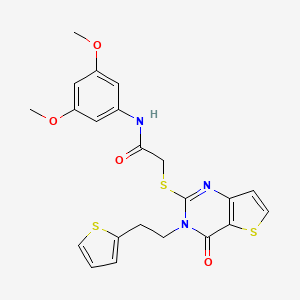 molecular formula C22H21N3O4S3 B2429328 N-(3,5-二甲氧基苯基)-2-({4-氧代-3-[2-(噻吩-2-基)乙基]-3,4-二氢噻吩并[3,2-d]嘧啶-2-基}硫代)乙酰胺 CAS No. 1260945-35-4