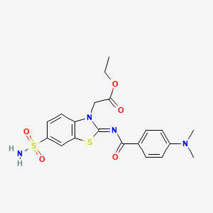 molecular formula C20H22N4O5S2 B2429378 乙基 2-[2-[4-(二甲氨基)苯甲酰基]亚氨基-6-磺酰胺基-1,3-苯并噻唑-3-基]乙酸酯 CAS No. 865248-26-6