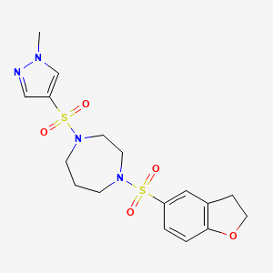 molecular formula C17H22N4O5S2 B2429408 1-((2,3-dihydrobenzofuran-5-yl)sulfonyl)-4-((1-methyl-1H-pyrazol-4-yl)sulfonyl)-1,4-diazepane CAS No. 2034403-28-4