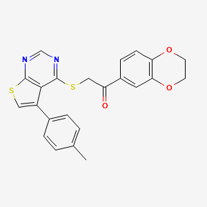 molecular formula C23H18N2O3S2 B2429495 1-(2,3-Dihydro-1,4-benzodioxin-6-yl)-2-{[5-(4-methylphenyl)thieno[2,3-d]pyrimidin-4-yl]thio}ethanone CAS No. 727689-32-9
