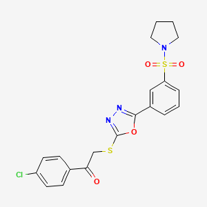 molecular formula C20H18ClN3O4S2 B2429512 1-(4-Chlorophenyl)-2-((5-(3-(pyrrolidin-1-ylsulfonyl)phenyl)-1,3,4-oxadiazol-2-yl)thio)ethanone CAS No. 941244-22-0