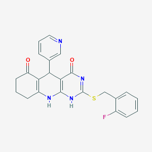molecular formula C23H19FN4O2S B242958 2-[(2-fluorophenyl)methylsulfanyl]-5-pyridin-3-yl-1,5,7,8,9,10-hexahydropyrimido[4,5-b]quinoline-4,6-dione 
