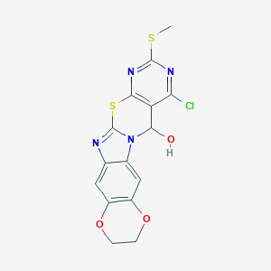 molecular formula C15H11ClN4O3S2 B242968 4-Chloro-2-(methylsulfanyl)-9,10-dihydro-5h-[1,4]dioxino[2,3-f]pyrimido[5',4':5,6][1,3]thiazino[3,2-a]benzimidazol-5-ol 