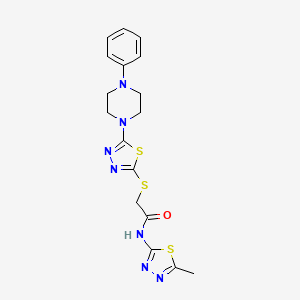 molecular formula C17H19N7OS3 B2429745 N-(5-甲基-1,3,4-噻二唑-2-基)-2-((5-(4-苯基哌嗪-1-基)-1,3,4-噻二唑-2-基)硫代)乙酰胺 CAS No. 1105198-71-7