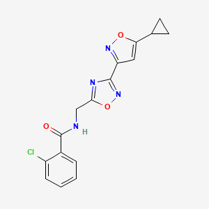 molecular formula C16H13ClN4O3 B2429895 2-氯-N-((3-(5-环丙基异噁唑-3-基)-1,2,4-噁二唑-5-基)甲基)苯甲酰胺 CAS No. 1903243-07-1