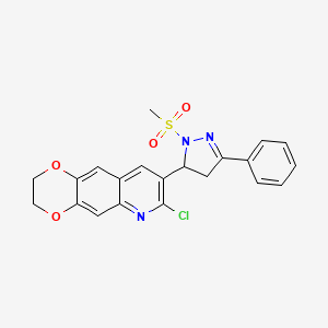 molecular formula C21H18ClN3O4S B2429953 7-chloro-8-[1-(methylsulfonyl)-3-phenyl-4,5-dihydro-1H-pyrazol-5-yl]-2,3-dihydro[1,4]dioxino[2,3-g]quinoline CAS No. 442650-02-4