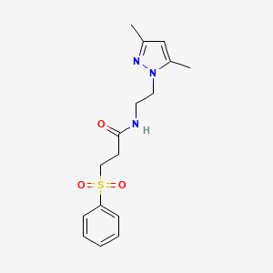 molecular formula C16H21N3O3S B2430042 N-(2-(3,5-dimethyl-1H-pyrazol-1-yl)ethyl)-3-(phenylsulfonyl)propanamide CAS No. 1226436-96-9