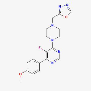 molecular formula C18H19FN6O2 B2430233 2-[[4-[5-Fluoro-6-(4-methoxyphenyl)pyrimidin-4-yl]piperazin-1-yl]methyl]-1,3,4-oxadiazole CAS No. 2379995-38-5