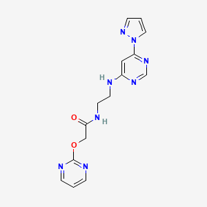 molecular formula C15H16N8O2 B2430257 N-(2-((6-(1H-吡唑-1-基)嘧啶-4-基)氨基)乙基)-2-(嘧啶-2-基氧基)乙酰胺 CAS No. 1251686-18-6