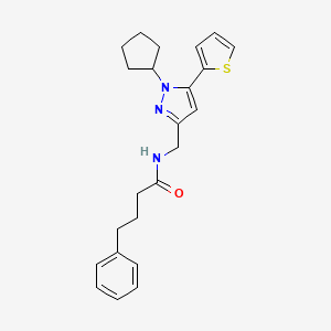 molecular formula C23H27N3OS B2430341 N-((1-cyclopentyl-5-(thiophen-2-yl)-1H-pyrazol-3-yl)methyl)-4-phenylbutanamide CAS No. 1421453-32-8