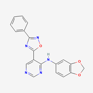 molecular formula C19H13N5O3 B2430378 N-1,3-苯并二氧杂环-5-基-5-(3-苯基-1,2,4-恶二唑-5-基)嘧啶-4-胺 CAS No. 1775362-46-3