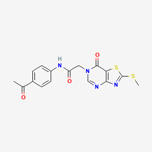 molecular formula C16H14N4O3S2 B2430383 N-(4-acetylphenyl)-2-(2-(methylthio)-7-oxothiazolo[4,5-d]pyrimidin-6(7H)-yl)acetamide CAS No. 1114902-35-0