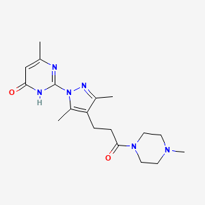 molecular formula C18H26N6O2 B2430388 2-(3,5-dimethyl-4-(3-(4-methylpiperazin-1-yl)-3-oxopropyl)-1H-pyrazol-1-yl)-6-methylpyrimidin-4(3H)-one CAS No. 1172840-18-4