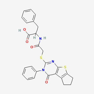 molecular formula C26H23N3O4S2 B2430472 2-(2-((4-oxo-3-phenyl-4,5,6,7-tetrahydro-3H-cyclopenta[4,5]thieno[2,3-d]pyrimidin-2-yl)thio)acetamido)-3-phenylpropanoic acid CAS No. 1039450-77-5