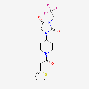 molecular formula C16H18F3N3O3S B2430476 1-{1-[2-(Thiophen-2-yl)acetyl]piperidin-4-yl}-3-(2,2,2-trifluoroethyl)imidazolidine-2,4-dione CAS No. 2097913-53-4