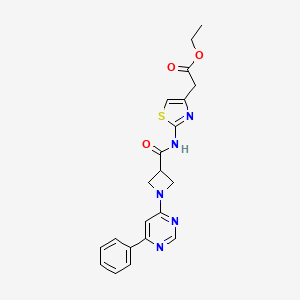 molecular formula C21H21N5O3S B2430554 Ethyl 2-(2-(1-(6-phenylpyrimidin-4-yl)azetidine-3-carboxamido)thiazol-4-yl)acetate CAS No. 2034257-38-8
